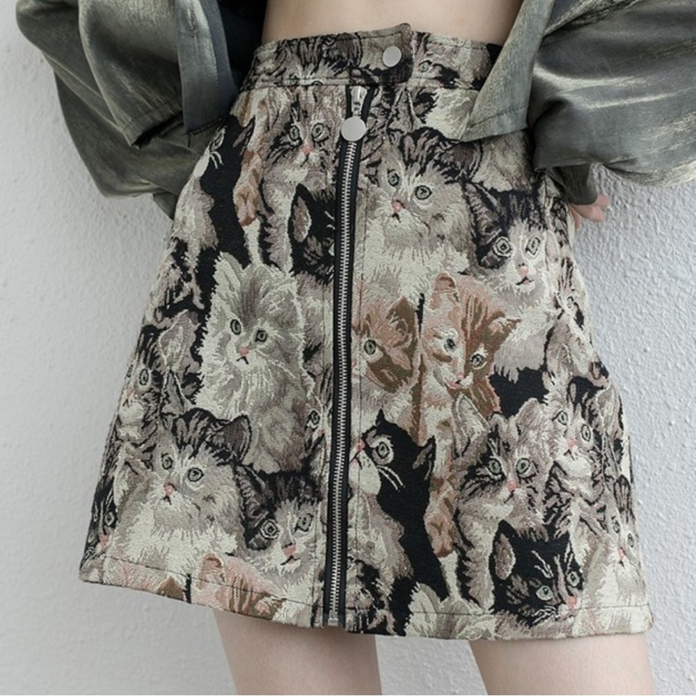 Jacquard Brocade Cat Print High Waisted Skirt